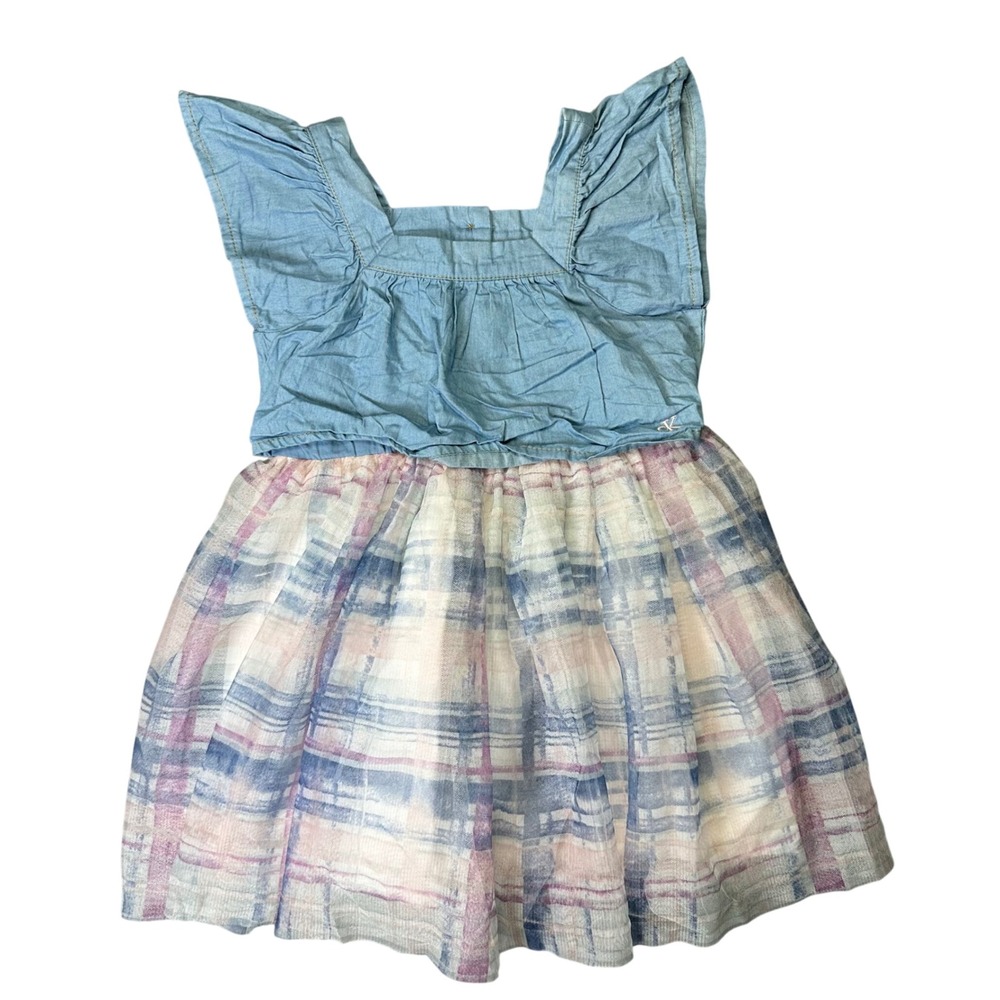 Calvin Klein Jeans Plaid Mesh Flutter Sleeve Dress Toddler 4T Blue Pink 2528
